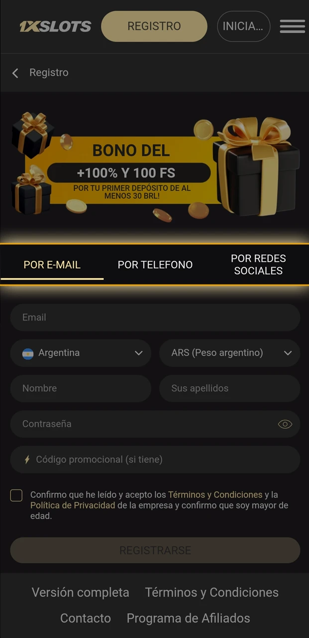 Conocé las opciones de registro en 1xSlots.
