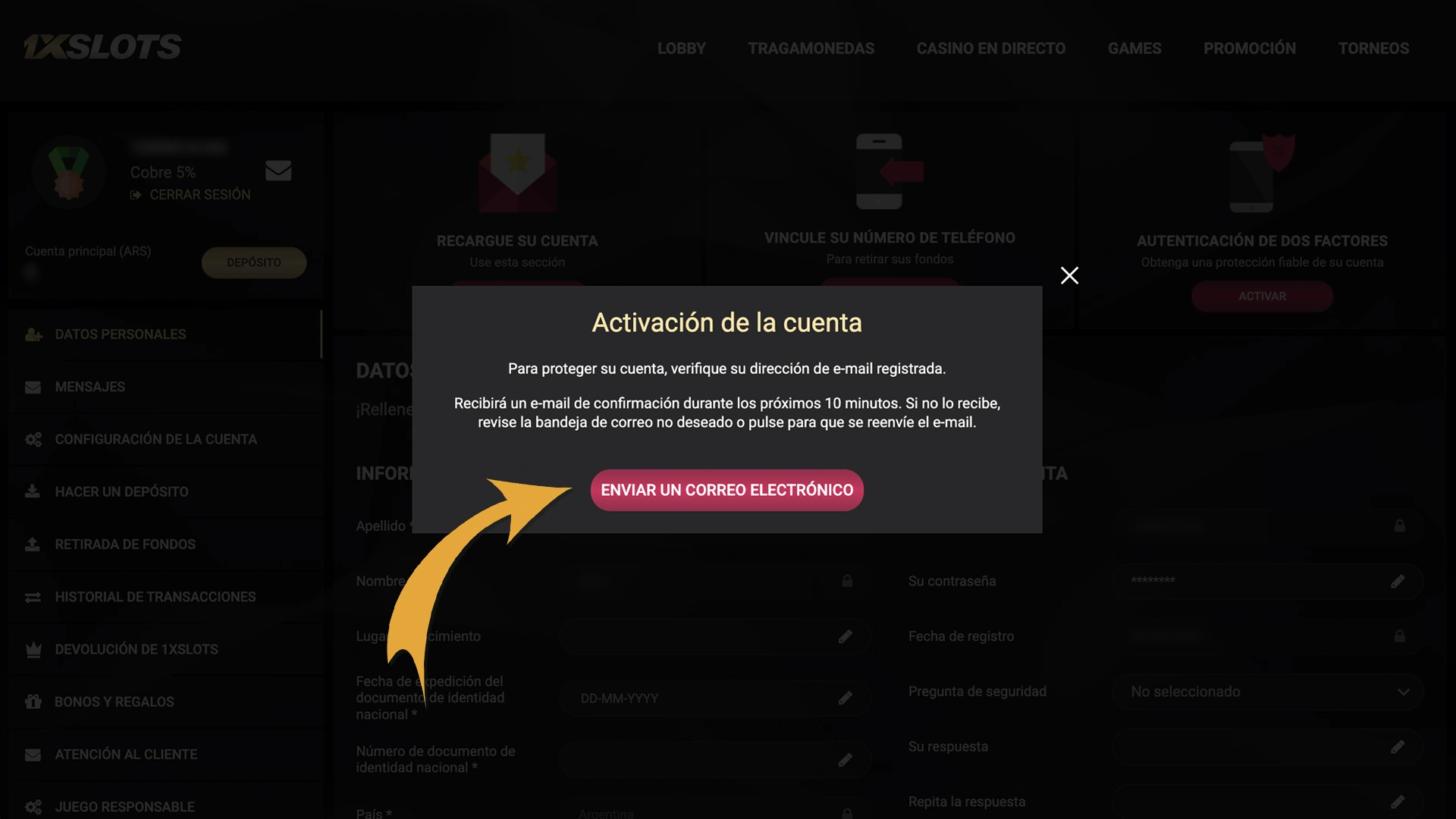 Descubrí cómo activar tu cuenta en 1xSlots por email o SMS.
