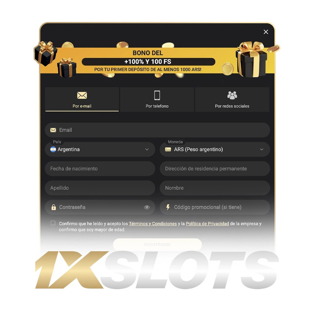 Crea tu cuenta en 1xSlots en segundos.