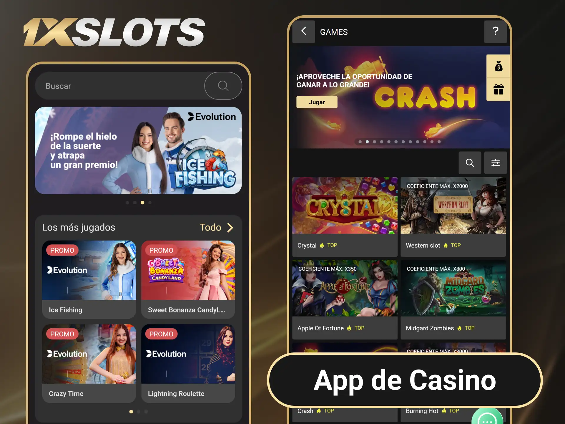Prueba muchos juegos de casino en la aplicación 1xSlots.