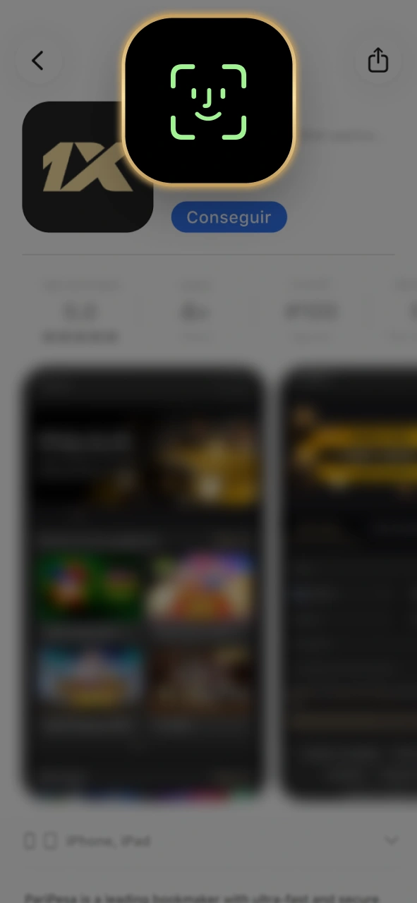Confirma la descarga de la aplicación 1xSlots para iOS con reconocimiento facial.