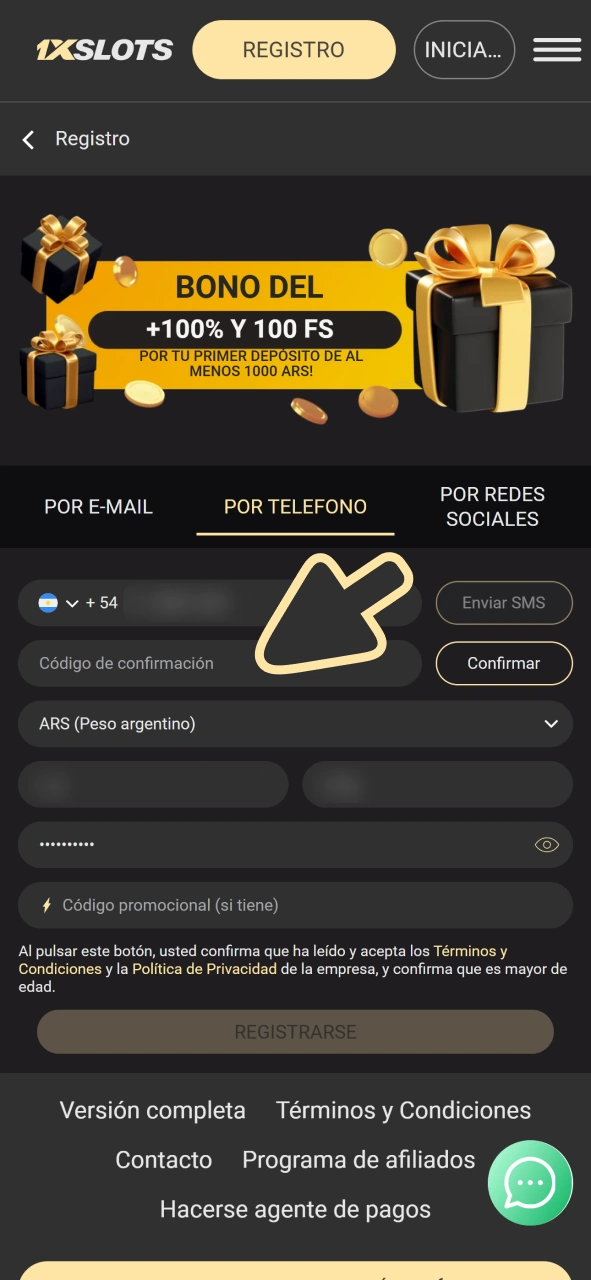 Introduce el código telefónico en el formulario de registro de la aplicación 1xSlots.