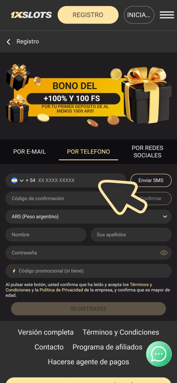 Introduce tu número de teléfono en el formulario de registro de la aplicación 1xSlots.