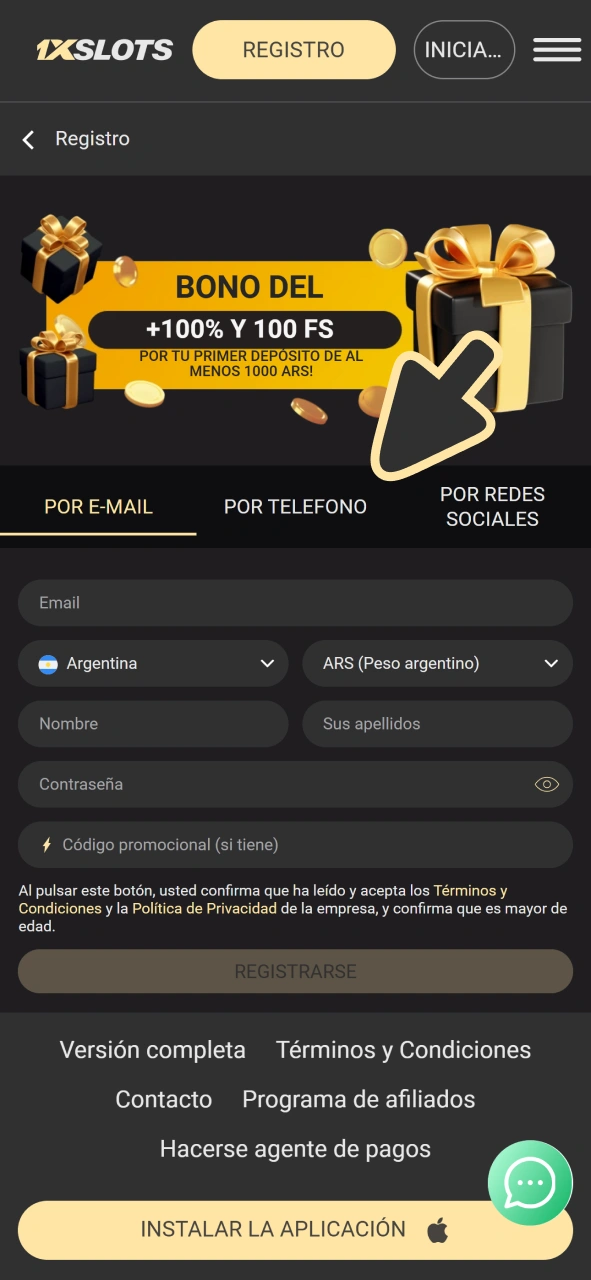 Seleccione el método de registro en 1xSlots app.