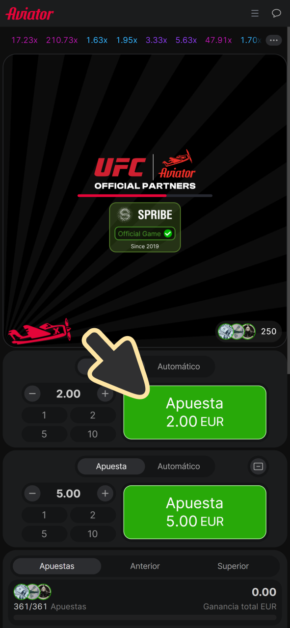 Establece tu apuesta y empieza a jugar a 1xSlots Aviator.
