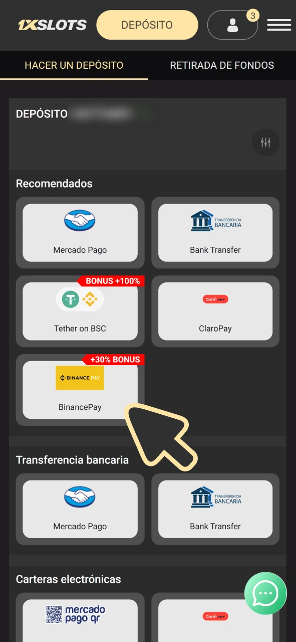 Deposita fondos para jugar a Aviator en 1xSlots.
