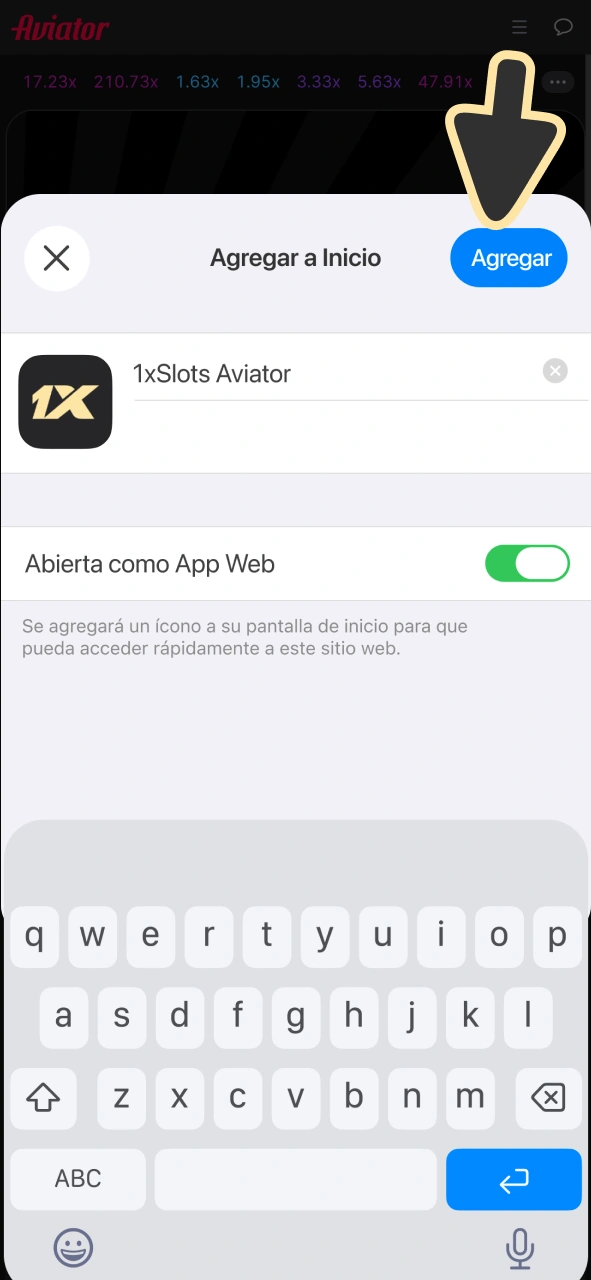 Agrega la aplicación Aviator 1xSlots para iOS a tu pantalla de inicio.