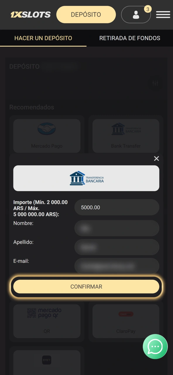 Confirma tu depósito para obtener el bono de bienvenida de 1xSlots.