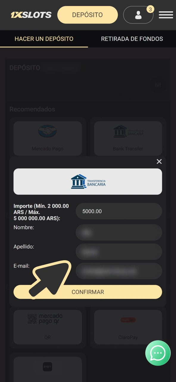Introduce tus datos en el formulario de depósito de 1xSlots.