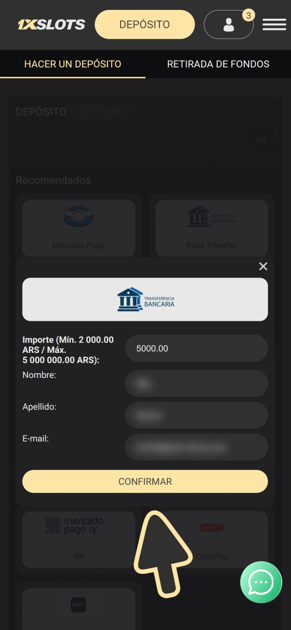 Confirma el formulario de depósito en 1xSlots para recargar tu cuenta.