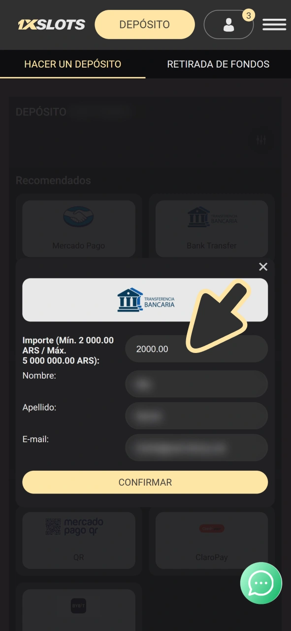 Introduce el importe del depósito en tu cuenta de 1xSlots.