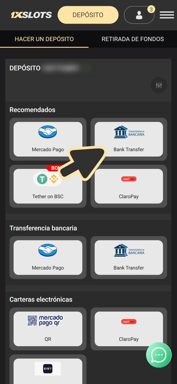 Selecciona el método de depósito en tu cuenta de 1xSlots.