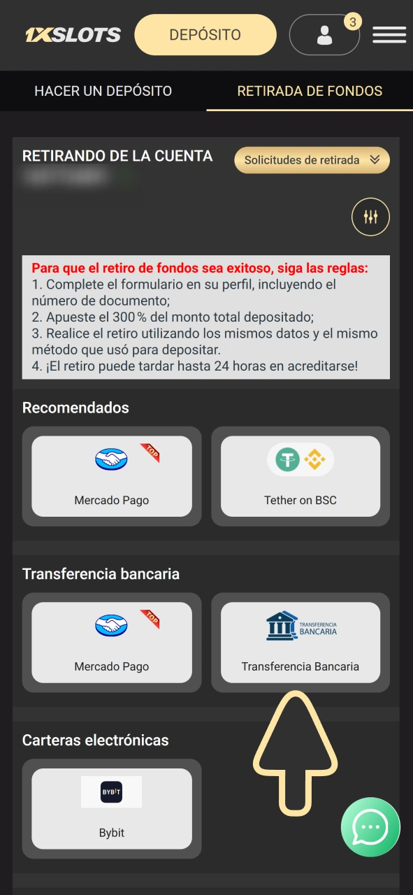 Seleccione su método de retiro preferido en su cuenta de 1xSlots.