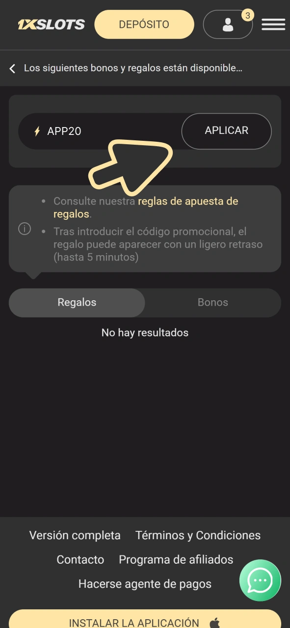 Introduce el código y actívalo en el casino 1xSlots.