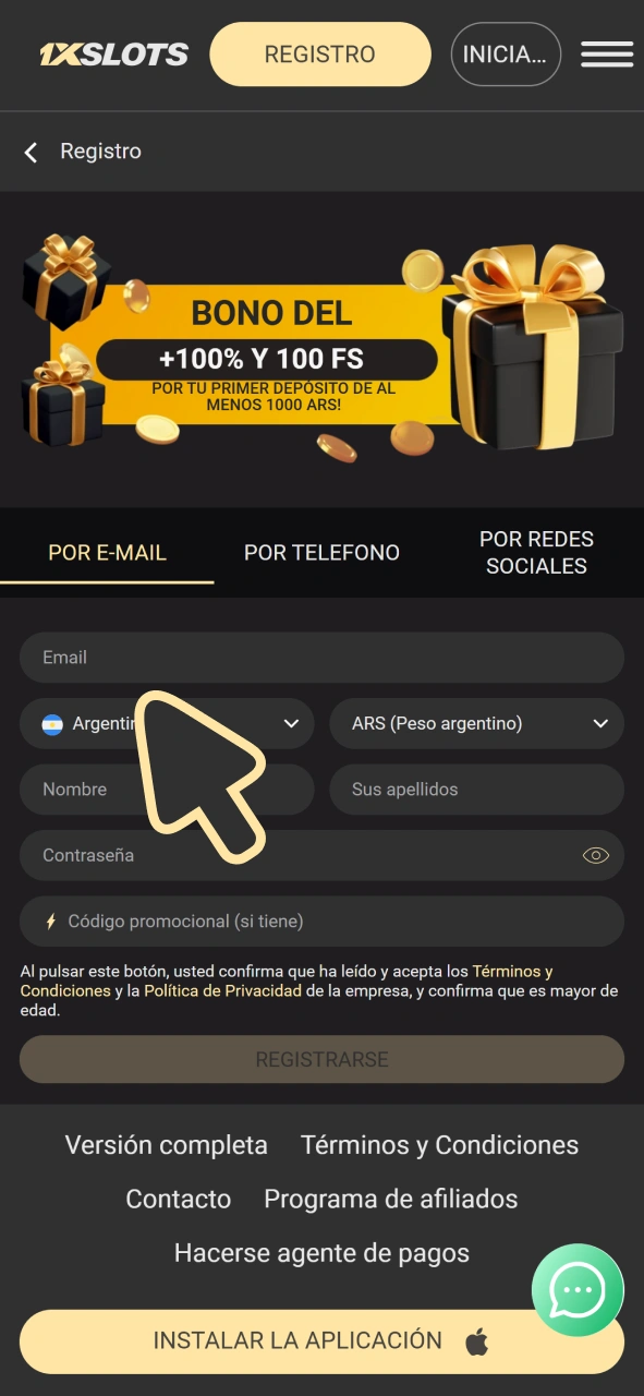 Crea tu cuenta para empezar a usar los bonos y códigos promocionales del casino 1xSlots.