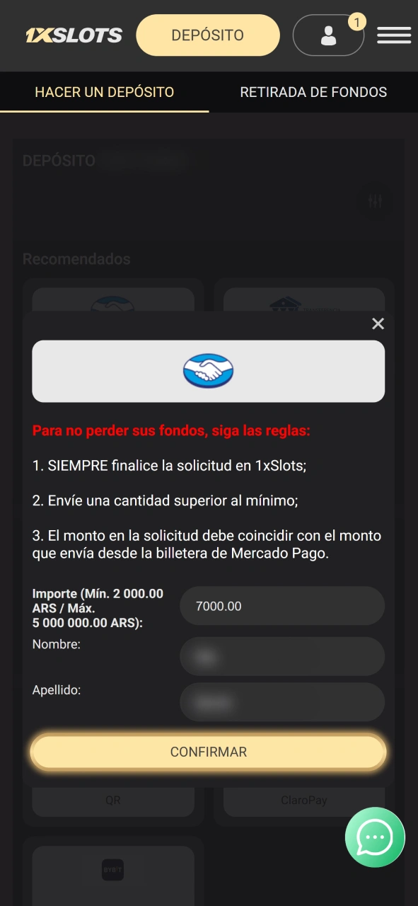 Confirma tu depósito para reclamar el bono de bienvenida por registro en 1xSlots.