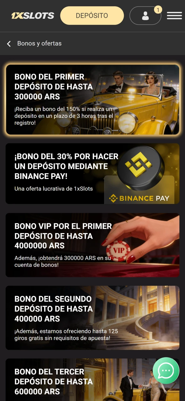 Seleccione el bono de bienvenida de 1xSlots después de su registro.