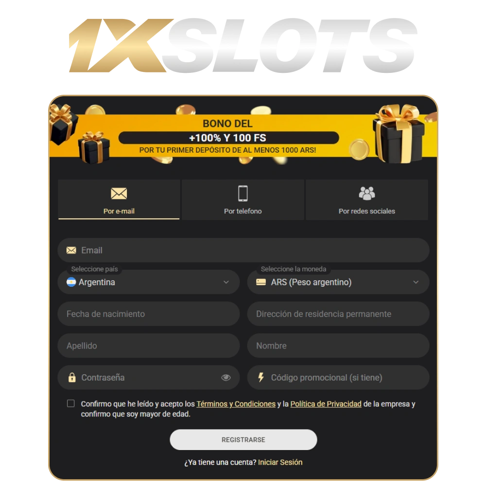 Crea tu cuenta en 1xSlots en segundos.